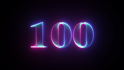 Abstract glowing neon number "100''. Blue and purple neon futuristic effect. Trendy glow lighting