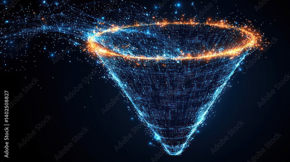 Poster abstract digital funnel: glowing network data vortex