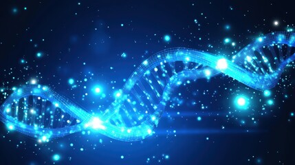 Abstract representation of a glowing DNA helix in a starry blue background, symbolizing genetics