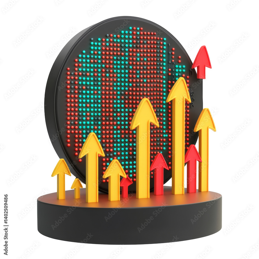 Poster digital display with increasing arrows showing growth and rising data trends