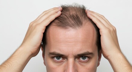 Fototapeta premium Male Pattern Baldness : Receding Hairline - A man's hands touch his thinning hair, showcasing a receding hairline and scalp. Concepts: Hair loss, balding, thinning hair, hair care, scalp health