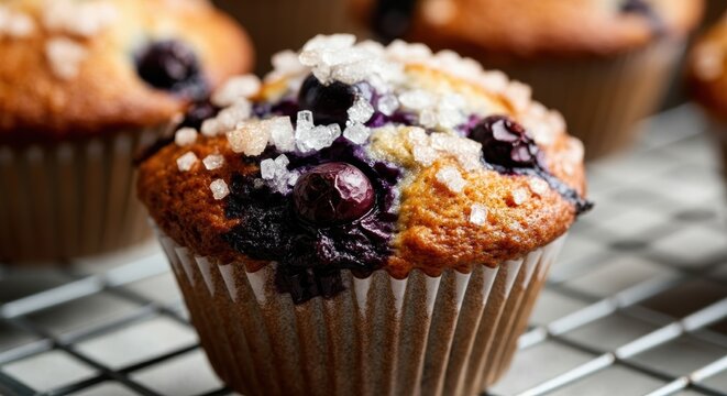 Close-up of freshly baked blueberry muffin with sugar crystals on cooling rack