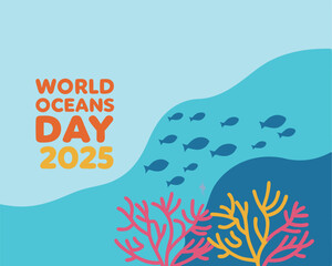Naklejka premium World Oceans Day 2025 Illustration with Fish and Coral Reef.
