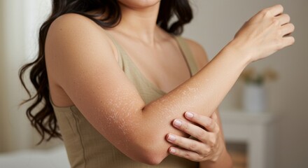 Woman Showing Dry Skin on Arm - Dry skin, skin irritation, skincare, health, body. A woman shows dry, flaky skin on her arm