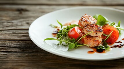 Delicious Grilled Scallops with Cherry Tomatoes and Arugula Salad on Rustic Wooden Table