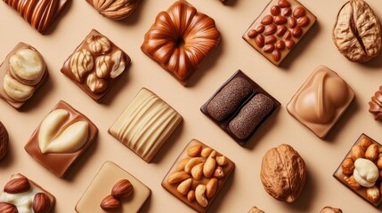 Assorted Chocolates and Nuts Displayed on Beige Background