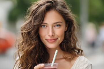 Obraz premium Woman enjoying a fresh fruit smoothie on a sunny day. Her radiant smile reflects the healthy, vibrant refreshment she's sipping.