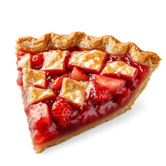 A thick slice of strawberry rhubarb pie with smooth filling, flaky crust, and visible fruit chunks