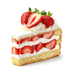 A thick slice of strawberry shortcake with fluffy whipped cream, soft sponge cake, and fresh strawberry slices