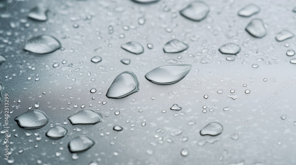 Poster water droplets create a shimmering effect on a metallic surface during an overcast day in an urban e