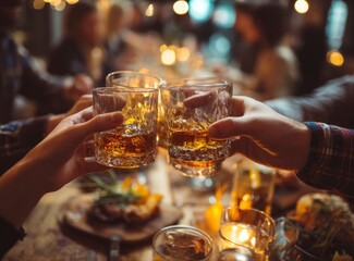People Toasting Glasses with Brown Liquor at Dinner Party