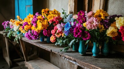 Fototapeta premium Vibrant Summer Blooms in Rustic Setting: A Colorful Bouquet Display on Weathered Wooden Shelf