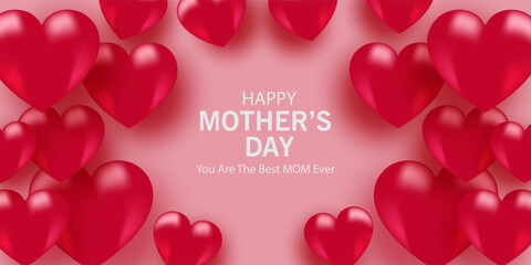 Mother's Day card, banner, poster, flyer, label or cover with red hearts, loves, can be used for Valentine's day, holiday templates, Womens Day, birthday, cosmetic products, Easter decor, web, ads.