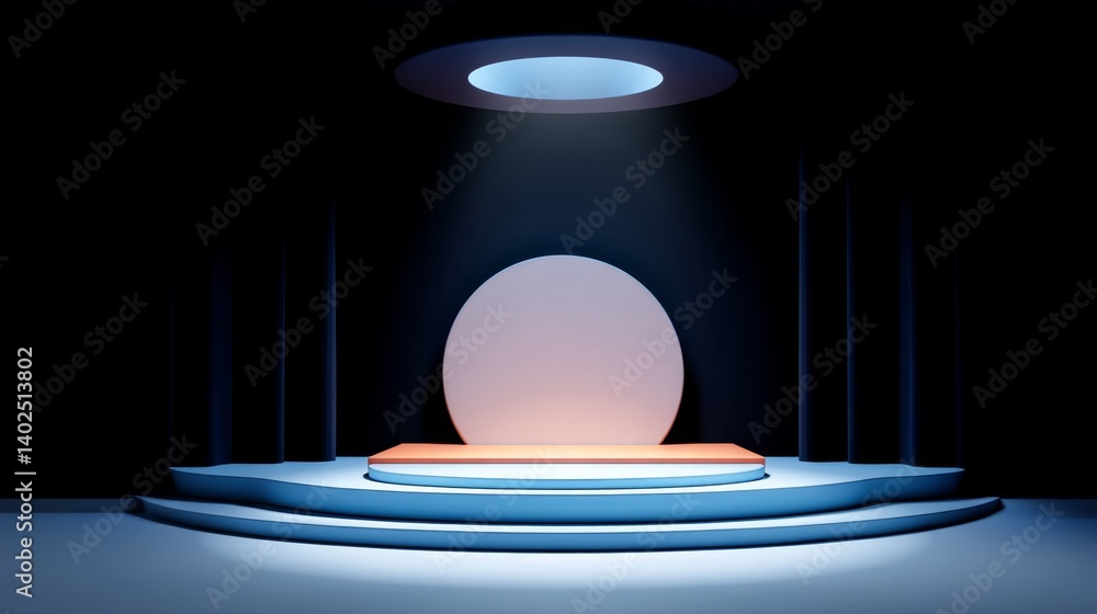 Poster minimalist 3d cartoon render of a floating stage with soft lighting