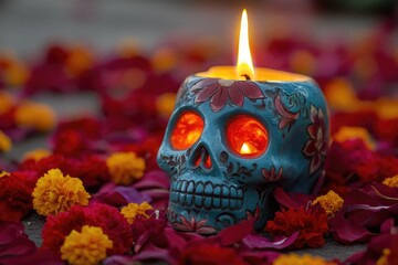 A beautifully crafted blue skull-shaped candle, lit and casting an orange flame in the center of marigolds spread out on the ground,