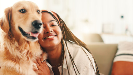 Hug, relax or happy woman on sofa with dog, support or companion in house with care or love. Animal adoption, affection or person in apartment with golden retriever, best friend or pet for bonding