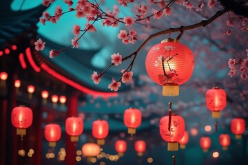 Chinese lantern, cherry blossoms, bokeh lights, red and teal color palette, festive atmosphere, night scene, soft focus, atmospheric lighting, traditional Asian decor, spring celebration, hanging lant