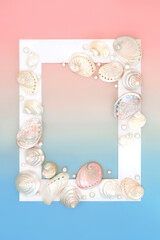 Abalone mother of pearL,  murex and turbo snail seashells with oyster pearls background on gradient...