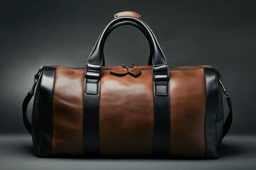 A brown and black leather duffel bag with dark accents, showcasing its sleek design against an isolated background. The soft texture of the textured leather adds to its luxurious appearance.
