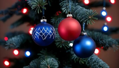 Obraz premium Red and Blue Christmas Ornaments on Decorated Tree