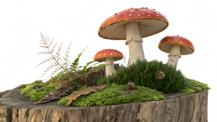 big 3d animation mushrooms on a mossy wood piece  on white background PNG. AI GENERATED