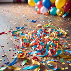 Obraz premium Colorful Confetti and Streamers on Wooden Floor