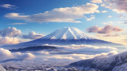 Showa Day Scenic Background Featuring Mount Fuji Amidst Clouds