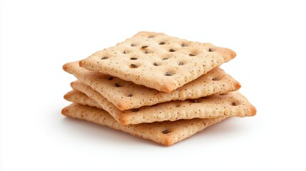 Fototapeta premium A stack of crispy crackers with a light golden color, featuring small dark spots, set against a clean white background.
