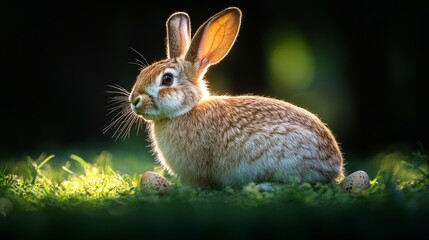 Fototapeta premium A fluffy brown rabbit basking in the sunlight, with easter eggs nestled nearby.