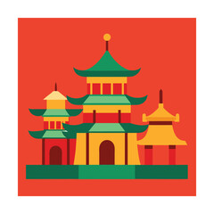 Colorful Asian Pagoda Architecture Illustration