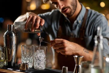 Bartender crafting a drink. Liquid from shaker being measured and poured into glass with ice at the bar. Focused, skilled beverage prep.