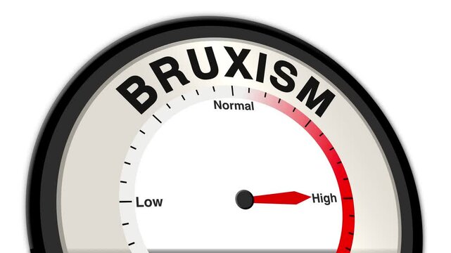 Bruxism text or word displayed with a barometer or tachometer-style gauge showing levels from low to normal to high, symbolizing the severity of teeth grinding and jaw clenching