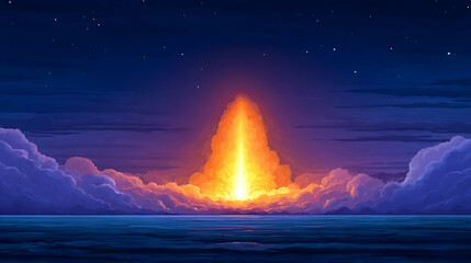 Fiery rocket launch at night, ascending through clouds above a dark sea