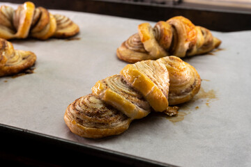 Puff pastry cinnamon rolls. Pastry dessert. food