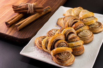 Puff pastry cinnamon rolls. Pastry dessert. food