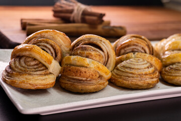 Puff pastry cinnamon rolls. Pastry dessert. food