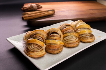 Puff pastry cinnamon rolls. Pastry dessert. food
