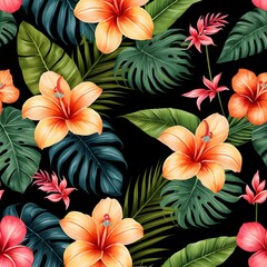 Tropical Hibiscus Flower Seamless Pattern