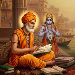Obraz premium Guru Teaching a Disciple with Sacred Texts by the Ganges River 