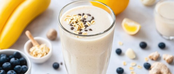A creamy smoothie topped with oats and seeds, surrounded by fresh bananas, blueberries, and lemon, perfect for a healthy snack.