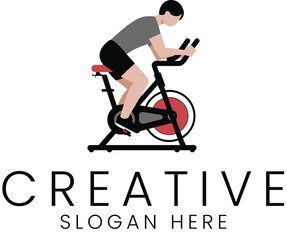 Fitness Studio Spin Bike Exercise Class Design gym man red logo gray flat icon  