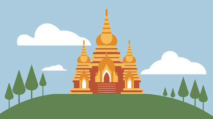 Naklejka premium Golden Buddhist Temple on Hill with Clouds in Blue Sky Illustration
