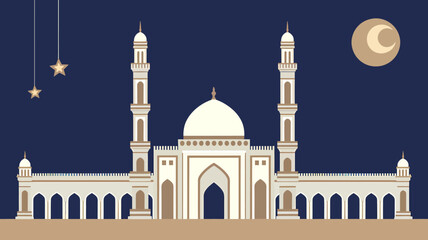 Elegant Mosque Illustration with Crescent Moon and Stars for Islamic Celebrations