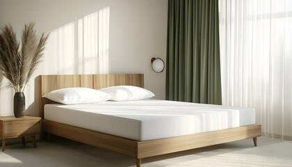 Bedroom Decor, Bedding, Linen, Mattress, Bed Frame, Sheet, White Fitted Sheet on Wooden Bed Frame