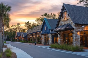 Naklejka premium A photograph of the exterior of an idyllic small-town shopping center in Florida, with a row of stores and shops on one side, surrounded by trees and street lights at dusk. 