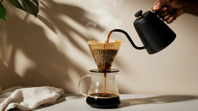 A hand pours hot water from a black kettle into a coffee dripper. The dripper sits atop a glass carafe, producing steam.