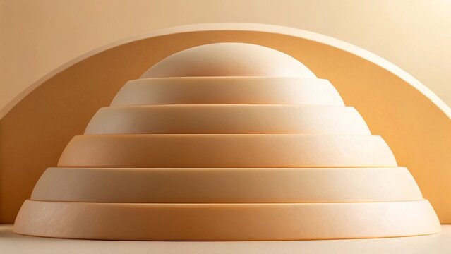 A minimalist abstract composition featuring a six-tiered, rounded beige platform with a semi-spherical top, set against a curved arch and a plain light beige background