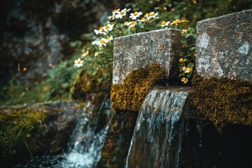 A rustic, handcrafted stone waterfall sitting on top of large flat rock in the garden with purple flowers. 