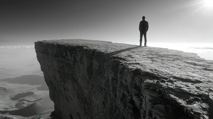 Fototapeta premium Solitude on a Mountaintop Cliff: A Black and White Panorama