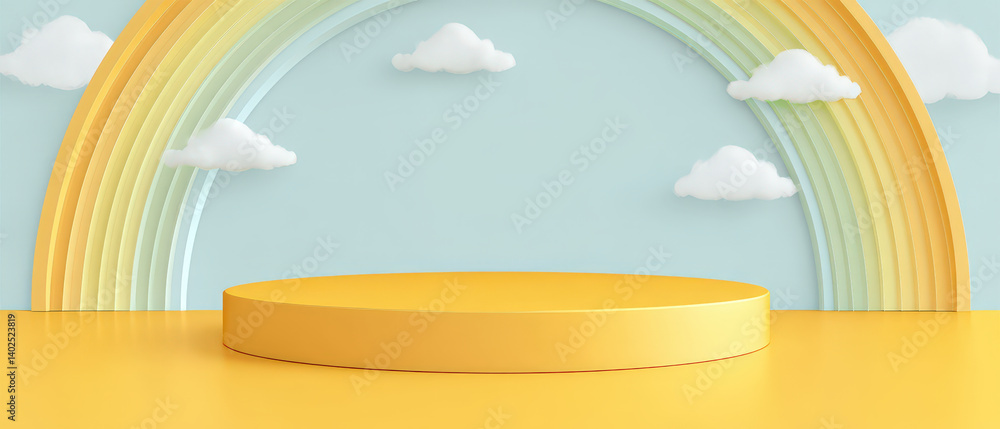 Wall mural a yellow stage with a rainbow and clouds in the background